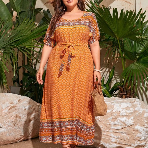 PLUS Orange Tribal Print Maxi Dress Belted - Picture 6 of 6